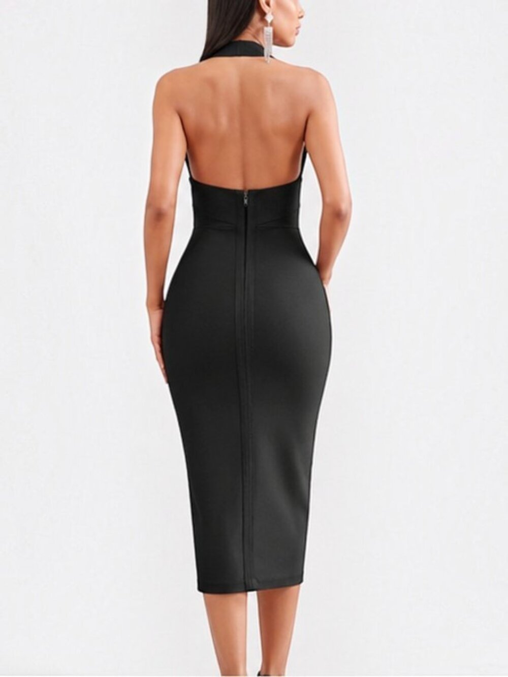 Black Halter Bandage Midi Dress | Deep V Open Back Bodycon | Size M - Picture 2 of 7